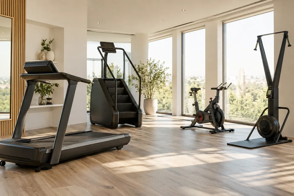 Concept cardio range with treadmill, stair climber, exercise bike and ski trainer