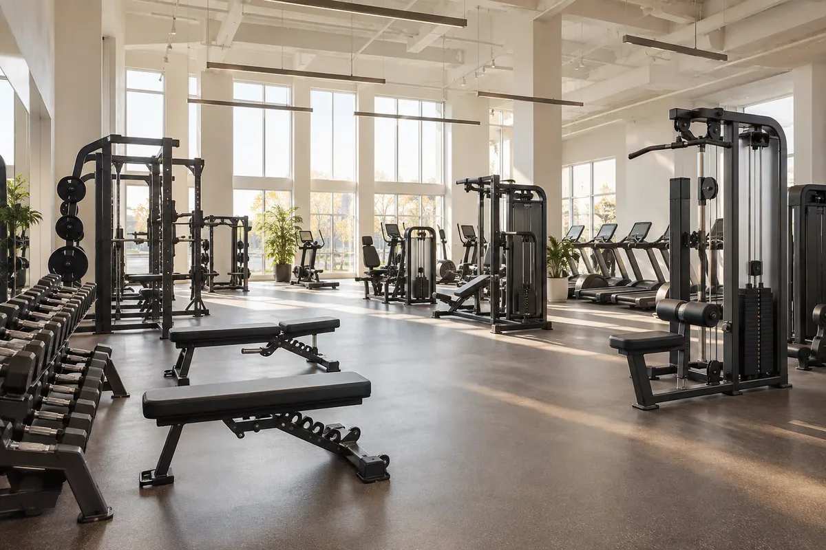 Concept commercial gym with strength equipment and an organized training floor