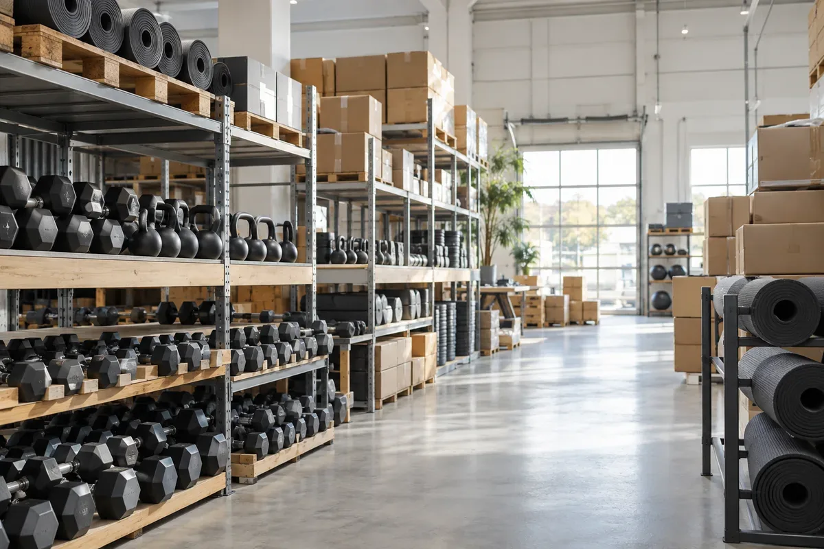 Concept wholesale fitness showroom with organized equipment and cartons
