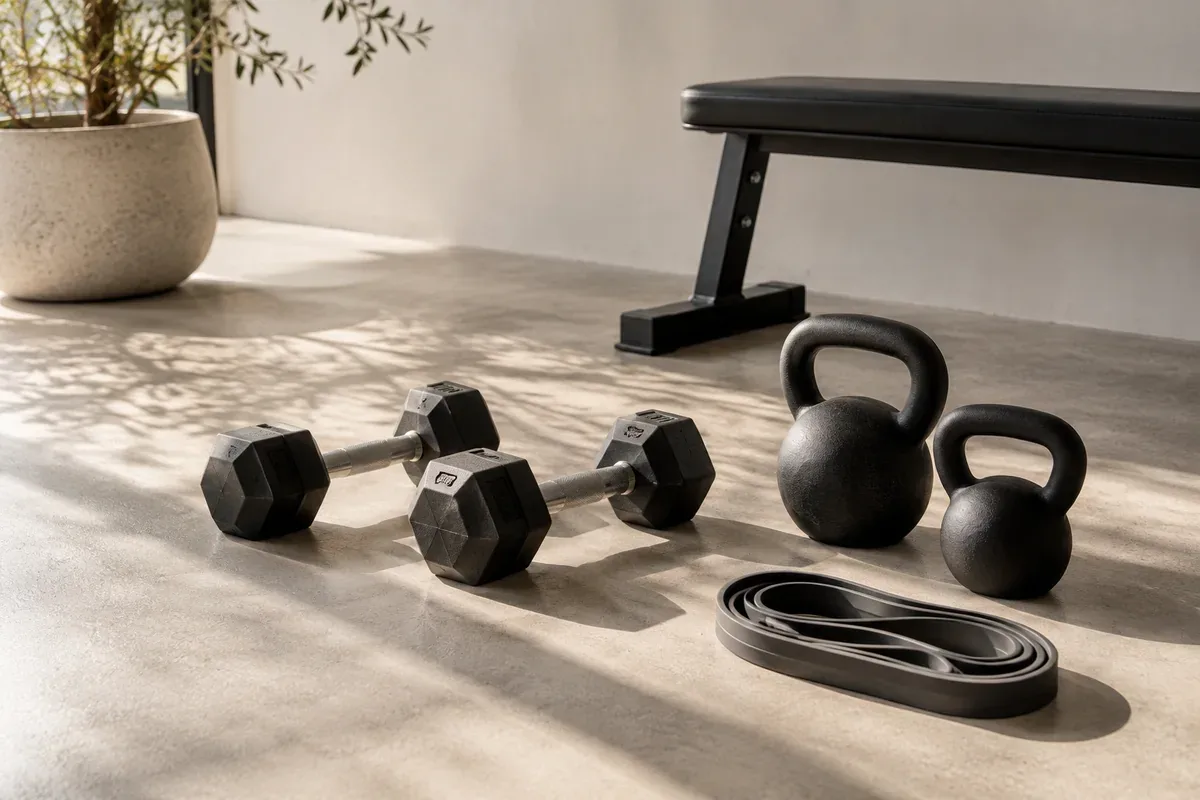 Illustrative strength accessories including dumbbells and kettlebells