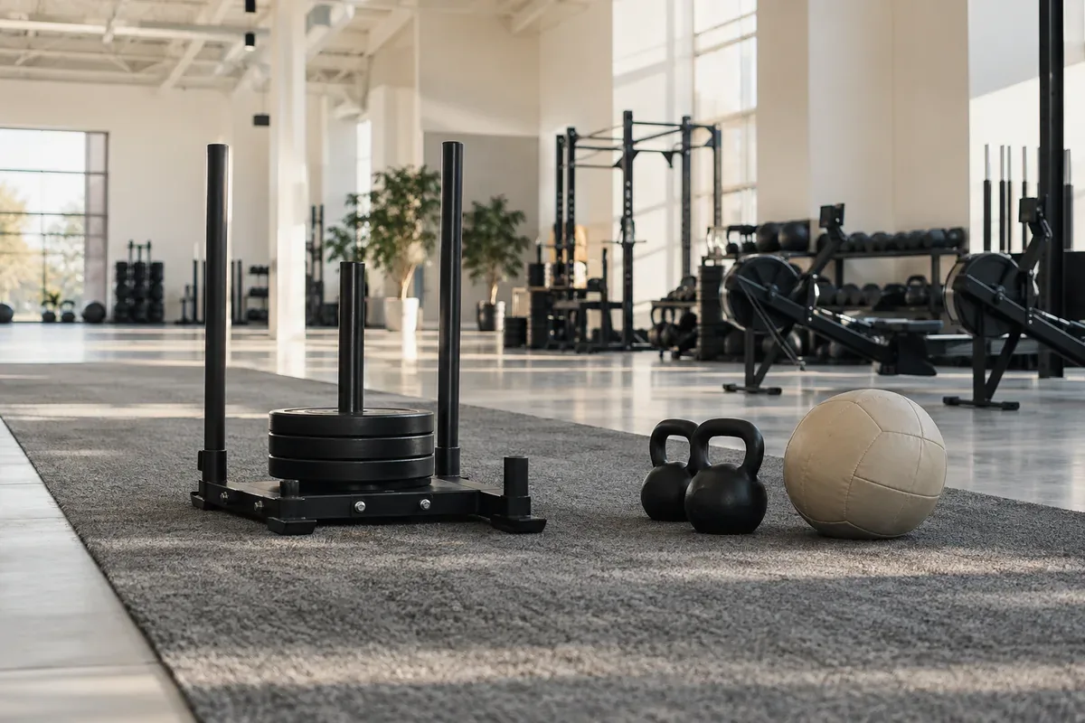 Concept functional training area with a push sled, kettlebells and wall ball