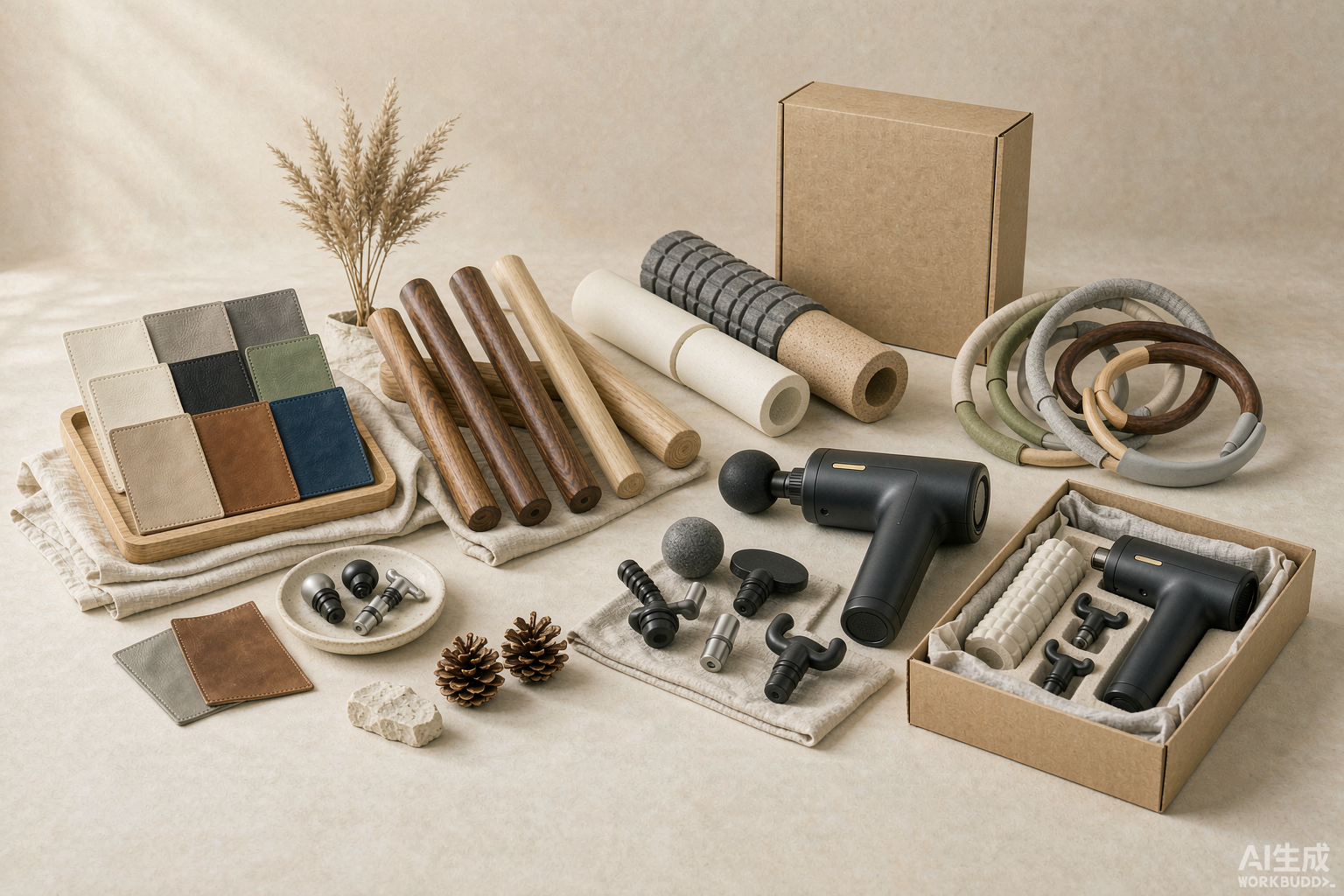 Fitness product development concept with material swatches, finishes and packaging samples