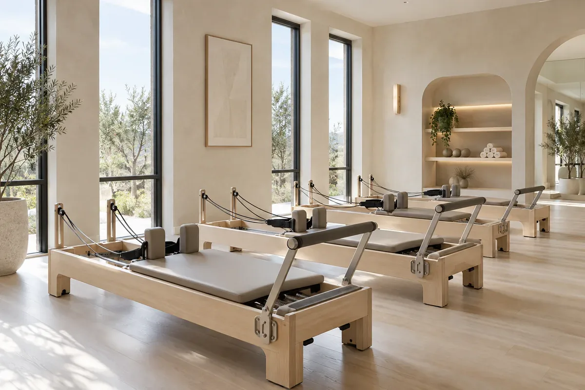 Concept Pilates studio with oak reformers and a bright, neutral interior