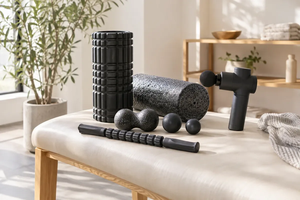 Illustrative recovery range with foam rollers, a massage gun and massage tools
