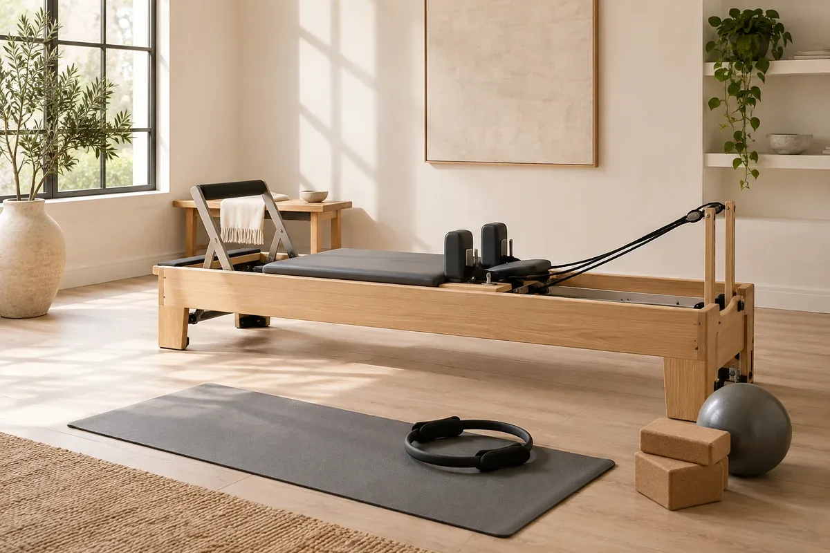 Illustrative yoga and Pilates range with a reformer, mat, ring and blocks
