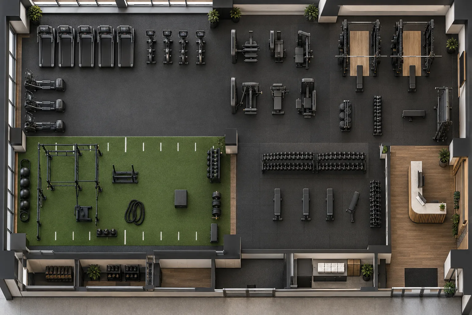 Concept gym floor plan with cardio, strength, functional and free-weight zones