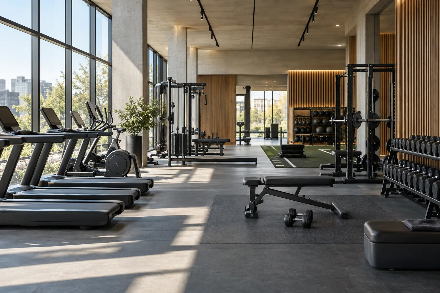 Commercial gym concept with cardio and strength training zones