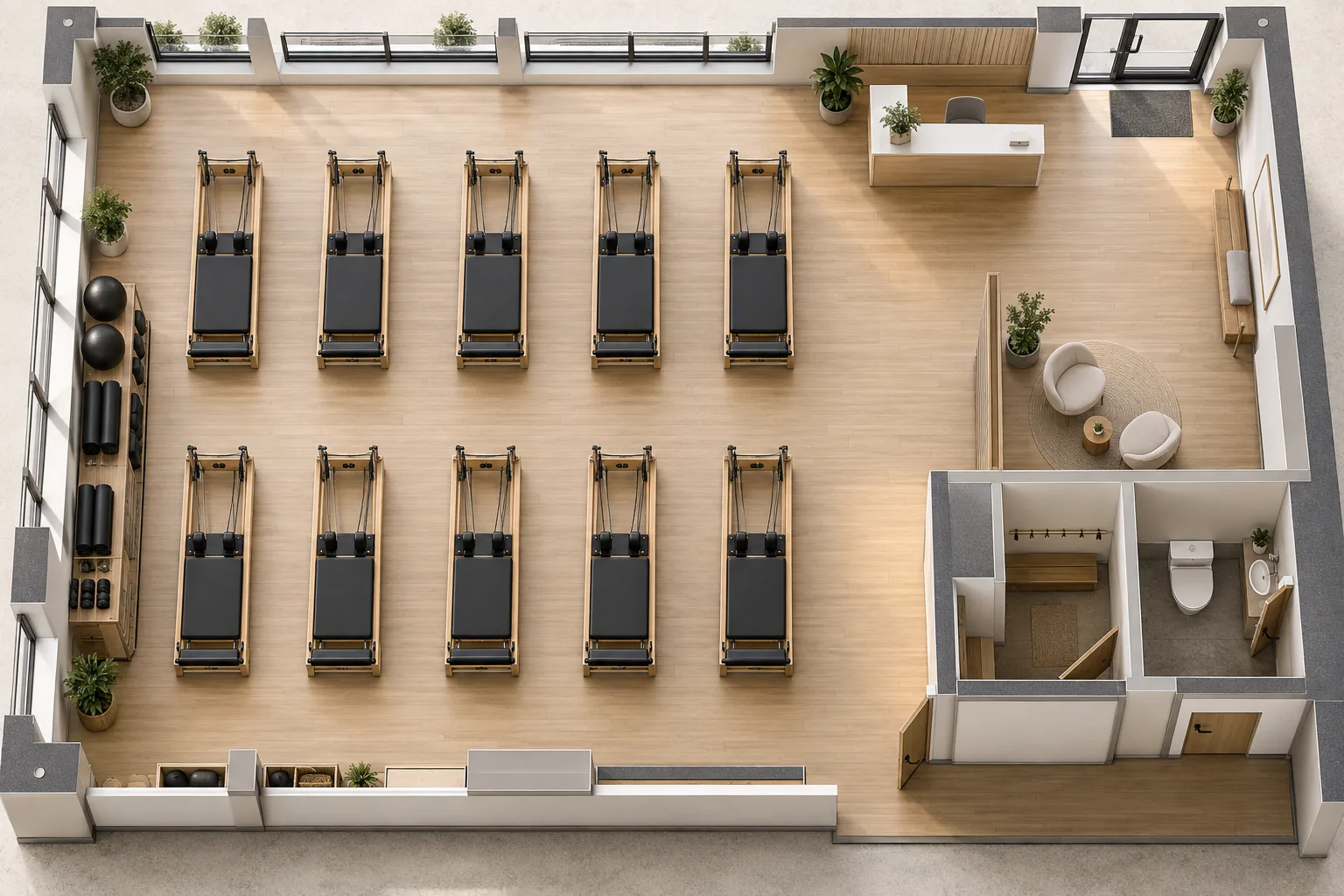 Concept floor plan showing ten reformers, reception, changing room and storage